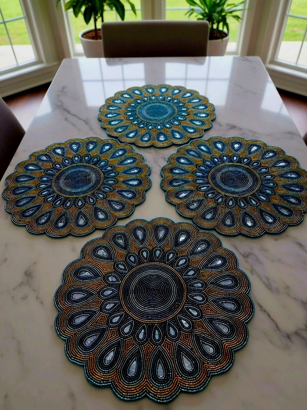 Handmade Peacock Feather Beaded Table Mats 15"